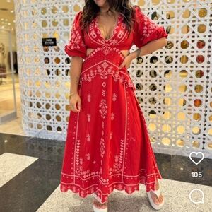 FARM Rio Brazil Red Embroided Dress Puff Sleeves Size L